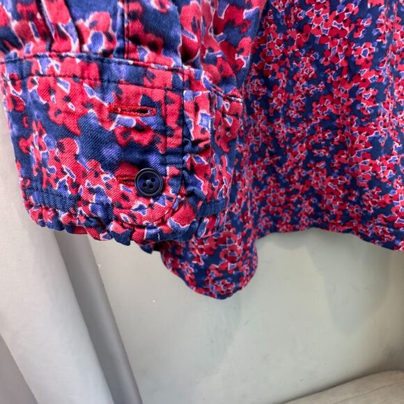 Talbots Woman 3X Floral Smocked Blouse Ruffle Cuff Cotton Blend Red Blue Pink - Picture 6 of 9